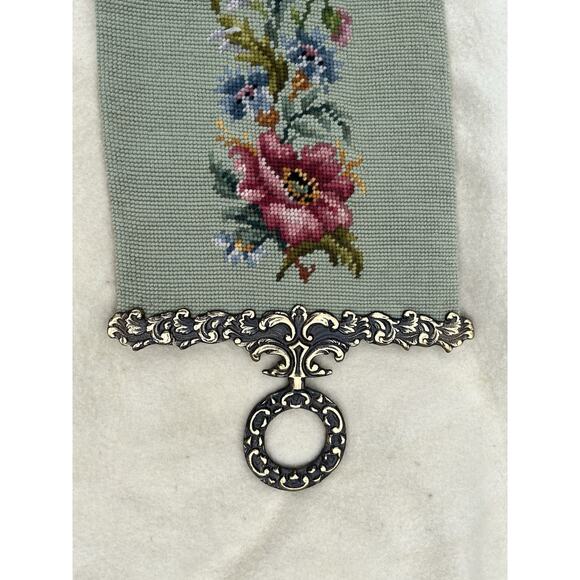 Tapestry Floral Wool Needlepoint Bell Pull Wall Hanging 66x9 Brass Hardware VTG - Picture 5 of 16
